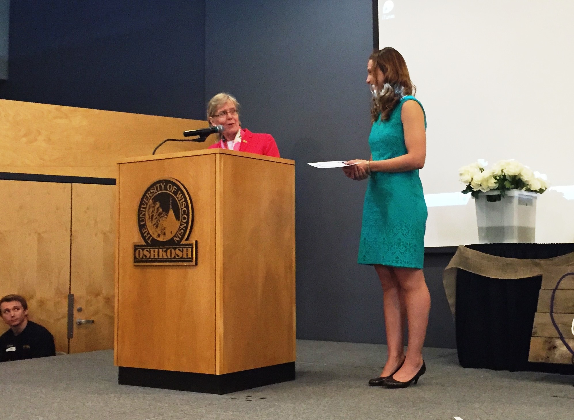 WNA Board President, Linda Gobis, presenting Mollie Merrill her award at UW Oshkosh.